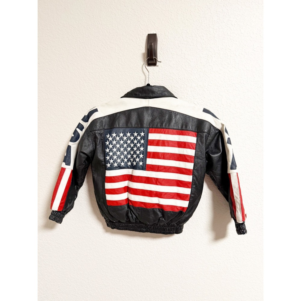 Vilanto Kids Leather Bomber Jacket American Flag USA Patriotic Black Size S 5/6